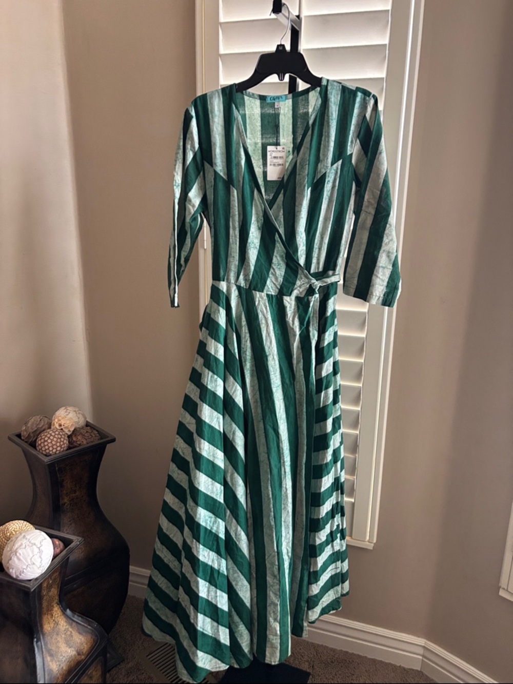 Calypso St. Barth Green and White Striped Wrap Maxi Dress